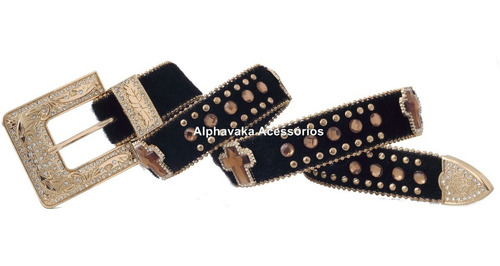 Imagem 4 de 4 de Cinto Feminino Preto Country Fivela Ponteira Passador Strass