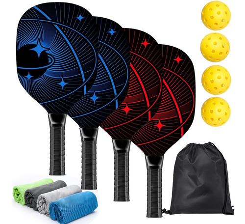 Paletas De Pickleball,  Set De 4 De Madera Premium Y 4 Bolas