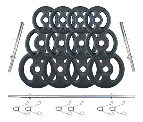 Imagem 1 de 3 de Kit Anilhas Ferro Fundido 40 Kg + Barras Com Presilhas