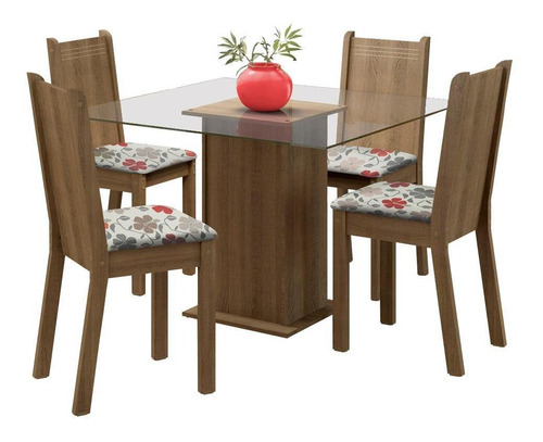 Sala Jantar Madesa Maya Mesa Tampo De Vidro 4 Cadeiras Rfh Cor Rustic/Floral Hibiscos Desenho do tecido das cadeiras Liso MDJA0400505ZFLH