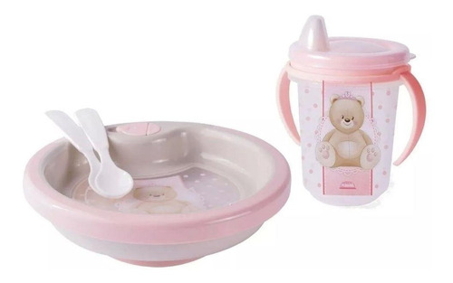 Kit Prato Térmico Infantil Alimentação Bebe + Copo Ursinha 