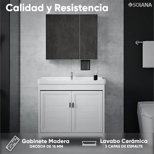 Solana Gabinete Para Baño Modelo Cala 2 Tocador De Madera Y Ceramica Con 3 Capas De Esmalte / Set Con Espejo, Lavabo, Grifo Y Desague