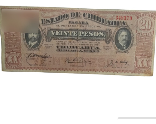 Billete 20 Pesos Estado Chihuahua Año 1915 Serie K