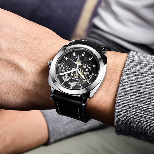 Relojes Mecánicos Casuales De Cuero Hueco Benyar Fondo Plata Negro
