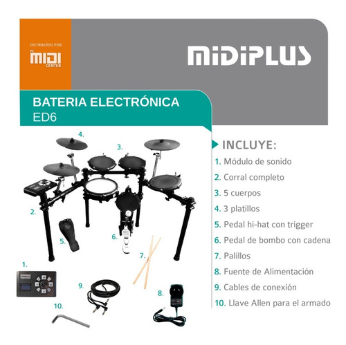 Imagen 3 de 10 de Batería Electrónica Midiplus Ed6 5 Cuerpos 3 Platillos Promo
