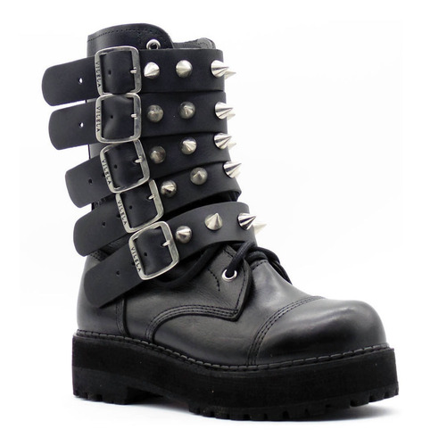 Coturno Vilela Boots Cano Médio 5 Fivelas Com Spike - Preto