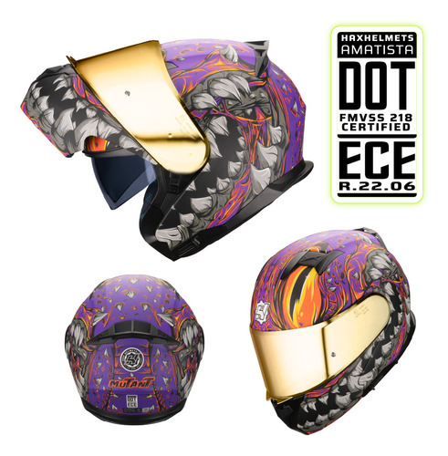 Hax Helmets. Casco Para Moto. Dot + Ece 06. Amatista Mutant Color Violeta Tamaño Del Casco S - Chico