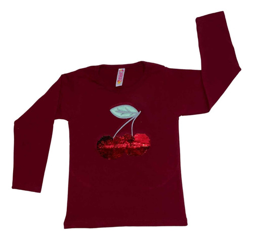 Blusa Playera Lentejuela Cherry Cereza Algodon Manga Larga