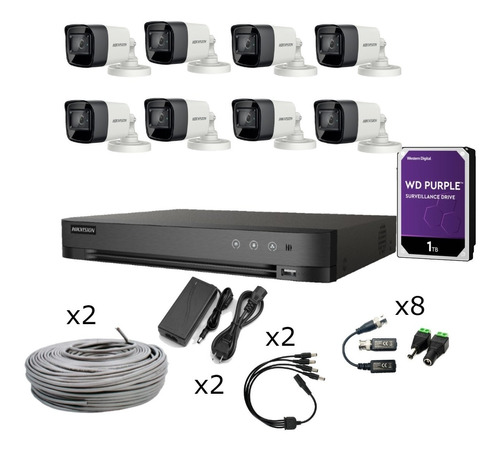 Kit Dvr Profesional Completo8ch+8cam Fhd+1tb+cable Hikvision