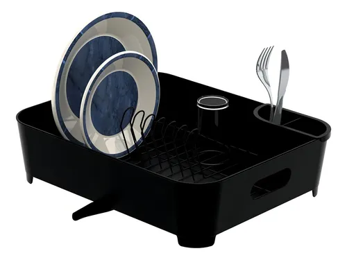 Estante para platos para 10 platos con soporte para cubiertos negro