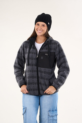 Poleron Polar Full Print Look Sherpa Con Gorro Gris Mujer Polemic