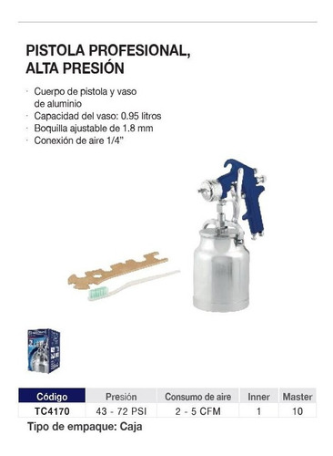 Imagen 3 de 6 de Pistola Para Pintar Alta Presión 43 - 72 Psi - Toolcraft