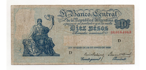 Billete 10 Pesos Moneda Nacional Progreso Bottero 1880 B+