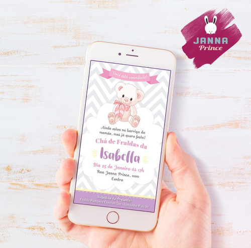 Imagem 3 de 3 de Convite Digital Chá De Bebê Ursinha Rosa Lilás