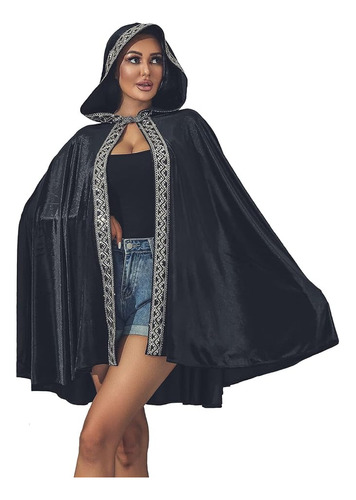 Capa Negra Con Capucha Terciopelo 3 4 Longitud Poncho Unisex