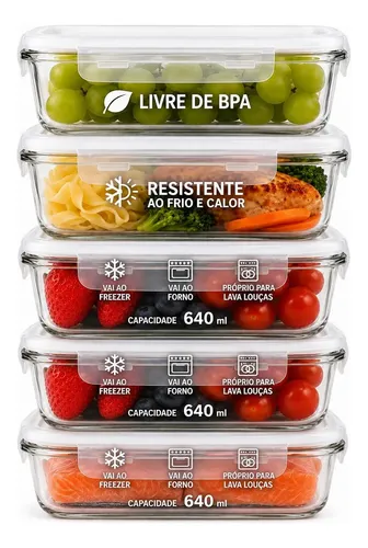Kit 5 Potes de Vidro 640ml Hermético Marmita Forno Refratário