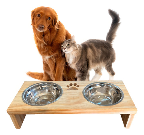Comedouro P/ Gato Cachorro Pet Elevado Duplo 2 Potes Madeira Cor Marrom-claro