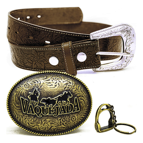 Cinto Country Entalhado + Fivela Vaquejada Cowboy Chaveiro