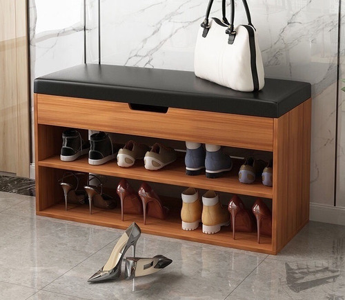 Organizador De Zapatos 8 Pares Taburete Con Asiento Y Baúl Nogal Clásico