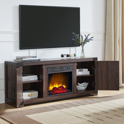 Mueble Para Tv Centro De Media Con Chimenea Electrica Color Marrón
