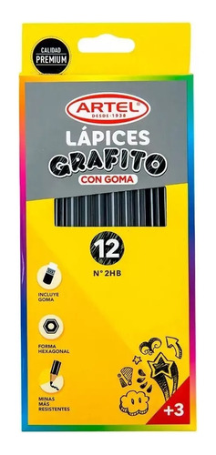 Estuche 12 Lápices Grafito Hb Con Goma Artel