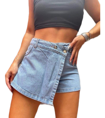 Mini Short Pollera Pantalón Con Tapa - Jean Elastizado