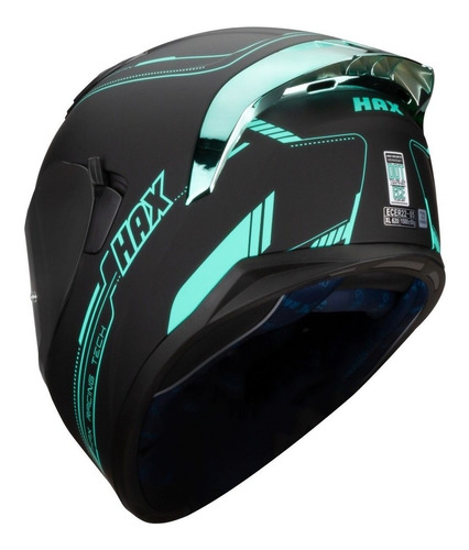 Imagen 2 de 8 de Casco Hax Integral Obsidian Negro Mate Turquesa Certificado