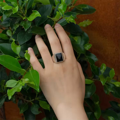 Anillo Rectangular Plata Caballero Elegante Onix Minimalista Onix Negro 7