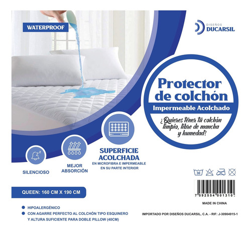 Protector De Colchón Acolchado Deluxe Ducarsil Queen