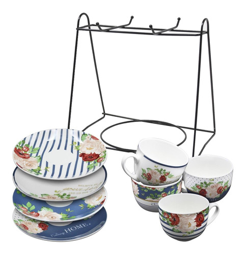 Juego 4 Tazas Platos Porcelana Para Cafe Soporte Para Regalo