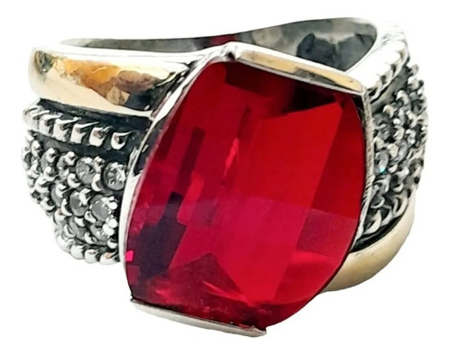 Anillo Plata 925 Y Oro Cubic Zirconia Rojo Facetado Anpl690