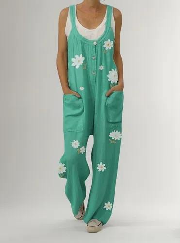 Macacao Feminino De Algodao E Linho Com Estampa De Flores