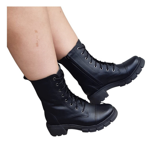 Imagem 1 de 7 de Coturno Bota Tratorada Plataforma Blogueira Couro Legítimo