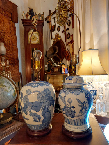 Lamparas De Porcelana China Blanco Y Azul Vintage (Usado)
