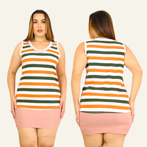 Kit 3 Blusas Regata Listrada Casual Plus Size Básica Estampa