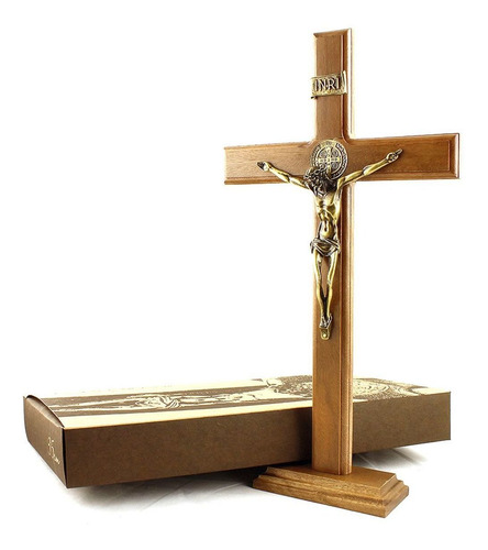 Imagem 2 de 7 de Crucifixo Medalha São Bento Parede/mesa, Madeira Metal 36cm