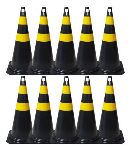 Kit 12 Cone De Sinalização Preto E Amarelo Pvc 75cm Trânsito