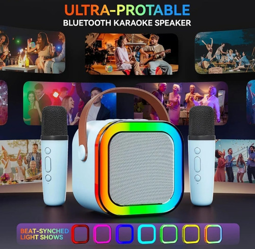 Parlante Portátil Bluetooth Karaoke Mini 2 Micrófonos Rgb Celeste