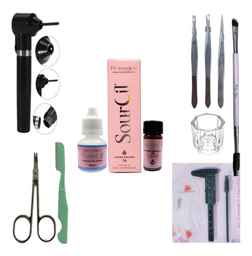 Kit Sourcil Henna Profissional Pincel Navalha Tesoura Dappen Cor Loiro Escuro