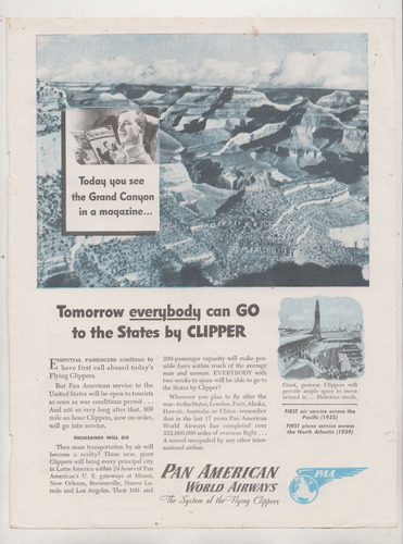 1945 Publicidad Vintage Clipper Pan American World Airways