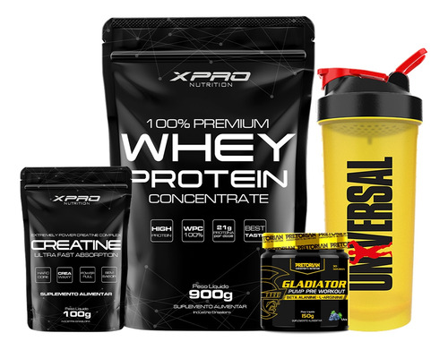 Whey Protein 100% 900g+creatina 100g-xpro+gladiator 150g+coq Sabor Morango
