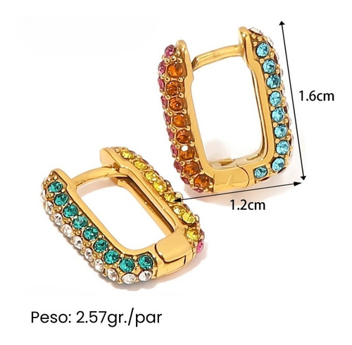 Aretes Arracadas Rectangular Multicolor Rainbow Baño Oro 18k