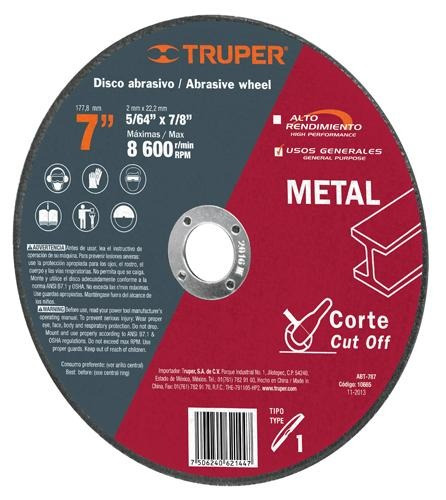 Disco Corte Metal 7' X 2mm Uso Gral. Truper 10665