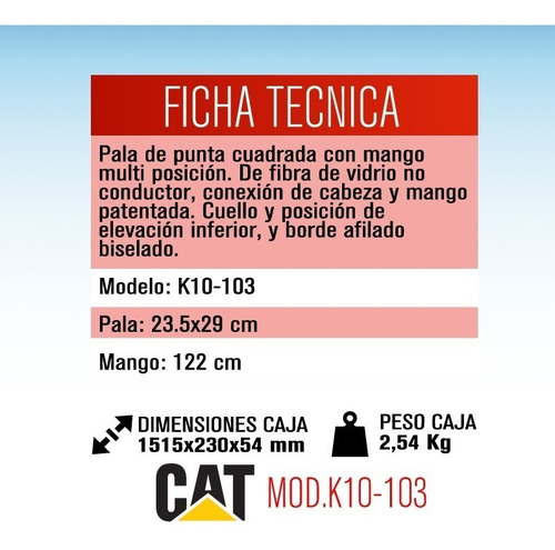 Imagen 2 de 8 de Pala Punta Cuadrada Acero Mango Largo Cat K10103 Dielectrica