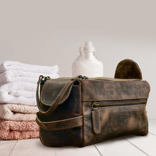 Komalc Genuino Cuero De Búfalo Unisex Neceser Viaje Dopp Kit