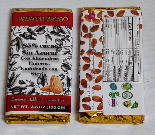 Chocolate (100gr) 85% Almendra Sin Azucar Cacao Keto Stevia