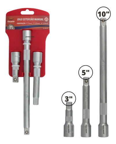 Extensão Alongador P/ Soquetes Catraca Encaixe 1/2 Pol 3 Pçs