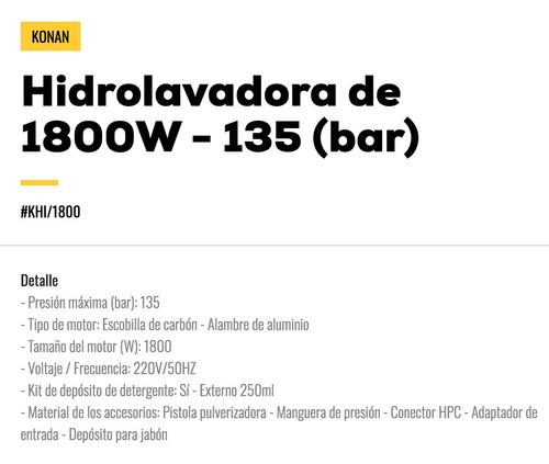 Imagen 3 de 6 de Hidrolavadora Konan Khi/1800 1800 Watts 135 Bar Profesional