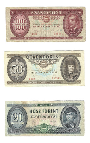 3 Billetes Hungria 100 - 50 - 20 Forint (1984) 
