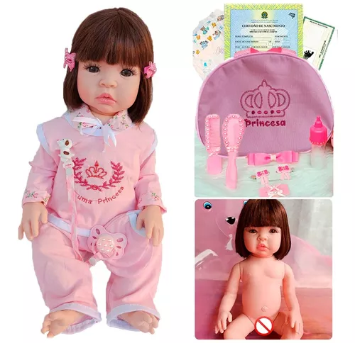 Bebê Reborn Baby Boneca Cabelos Castanhos + Enxoval Completo